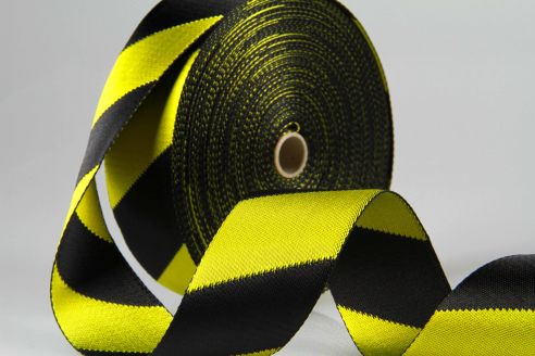 Absperrband aus PES | 48 mm Breite | Meterware | Hochfest | Glänzend | Schwarz mit gelben Farbblöcken | Stärke ca. 1,0 mm