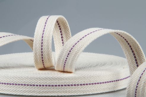 Baumwollgurt | Dochtband aus Baumwolle mit lila Kennstreifen | 19 mm Breite | 10 m Rollenware | viele Verwendungszwecke | Stärke ca. 1,8 mm