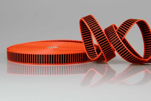 Gurtware aus PP mit 3D Effekt | 20 mm Breite | 25 m Rollenware | Griffig und strapazierfähig | Orange mit schwarzen Balken