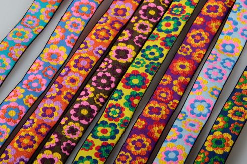 Borte | Retroflowers Jacquardband | 0,5 m - 1 m | 20 mm breit | Sommerkollektion 2026 | Farbauswahl | Made in Germany