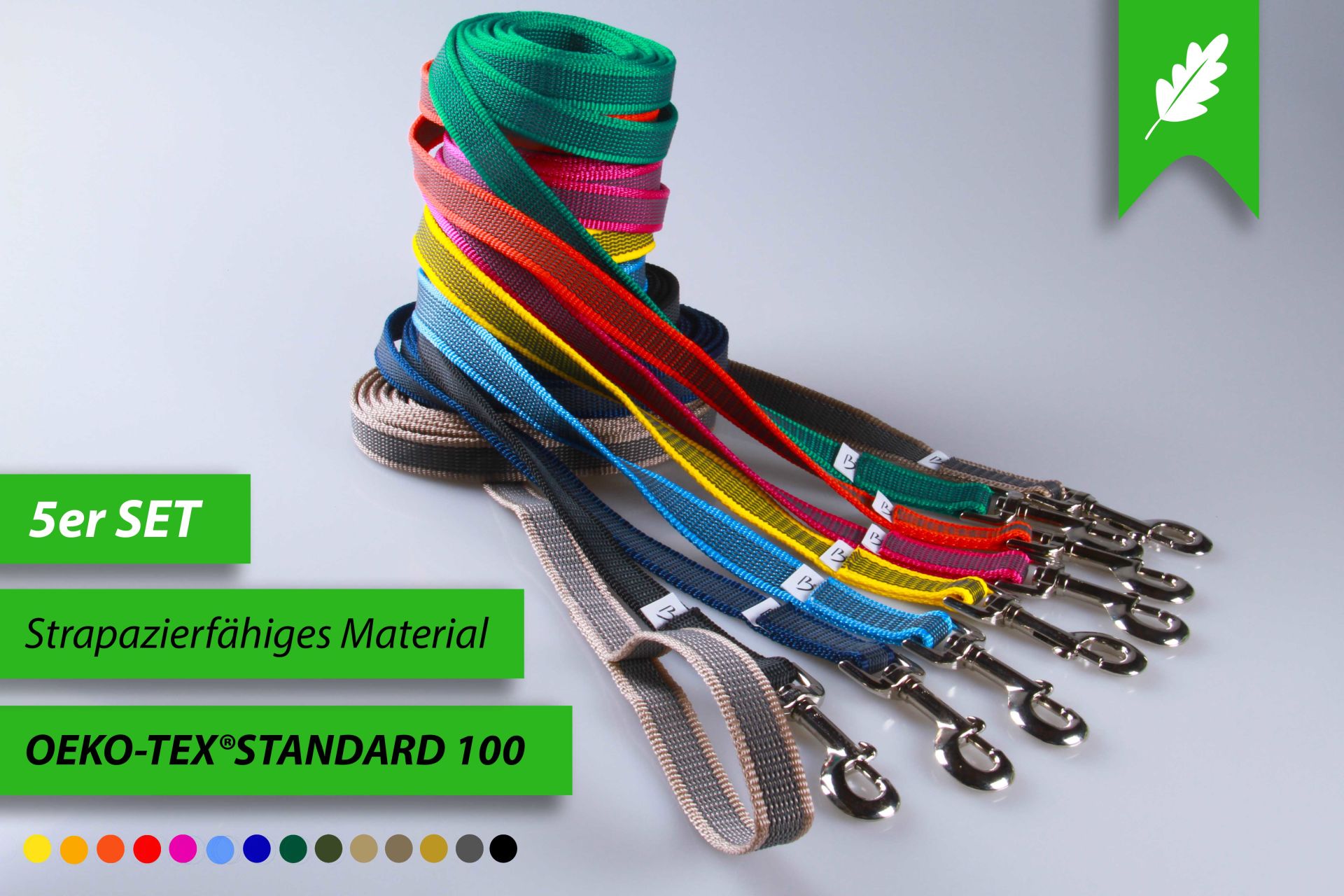 5er SET | Super-Grip Strong Resistance | gummierte Schleppleinen aus PP | 20 mm Breite | ab 4 m - 15 m Länge | mit Handschlaufe | wetterfest